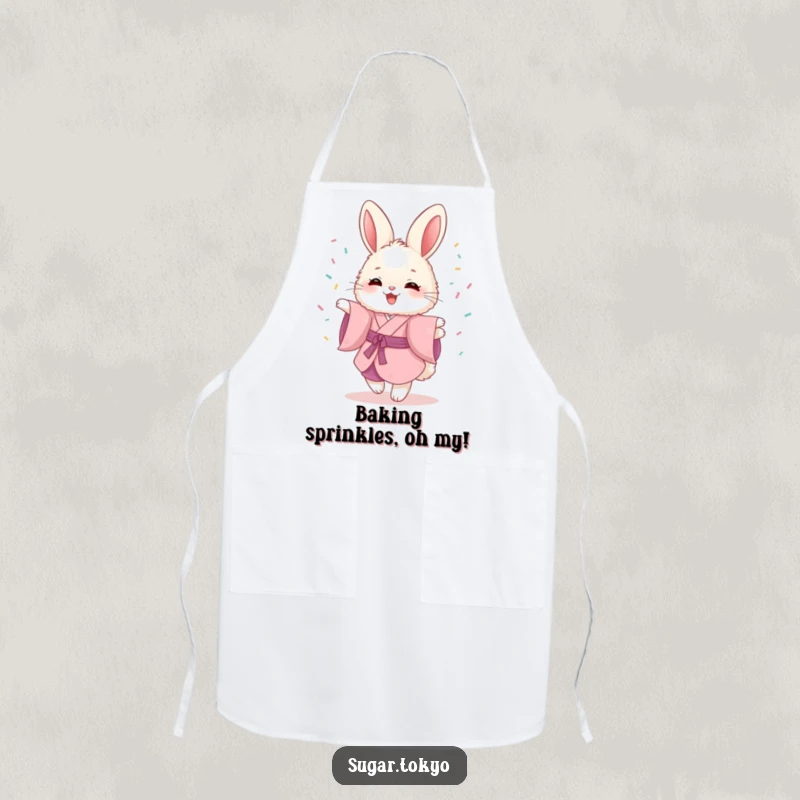 Funny apron with a fluffy bunny in a pink kimono, joyfully twirling with sprinkles, perfect for a fun cooking experience.
