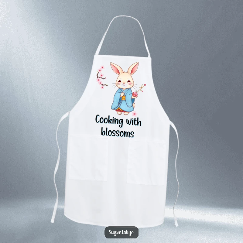 Funny graceful rabbit in a blue kimono offering cherry blossom candies on a kitchen apron, combining elegance with funny practicality.