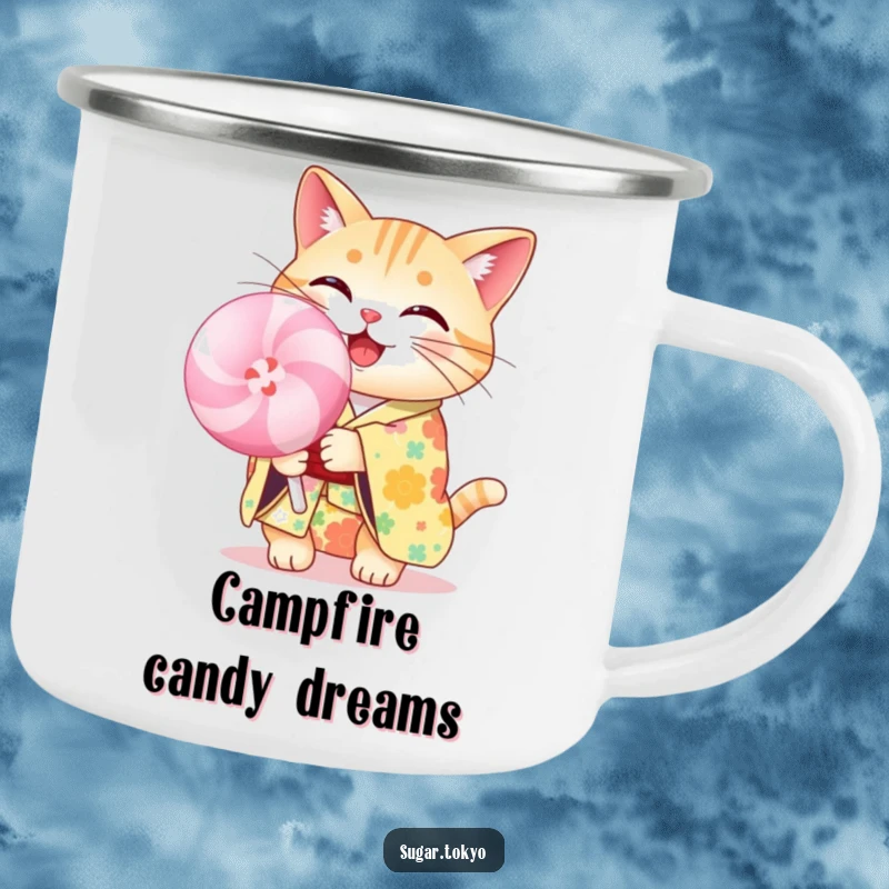 Funny cheerful cat in a floral kimono holding a pastel lollipop on a metal camping mug, built for sunny, funny adventures.
