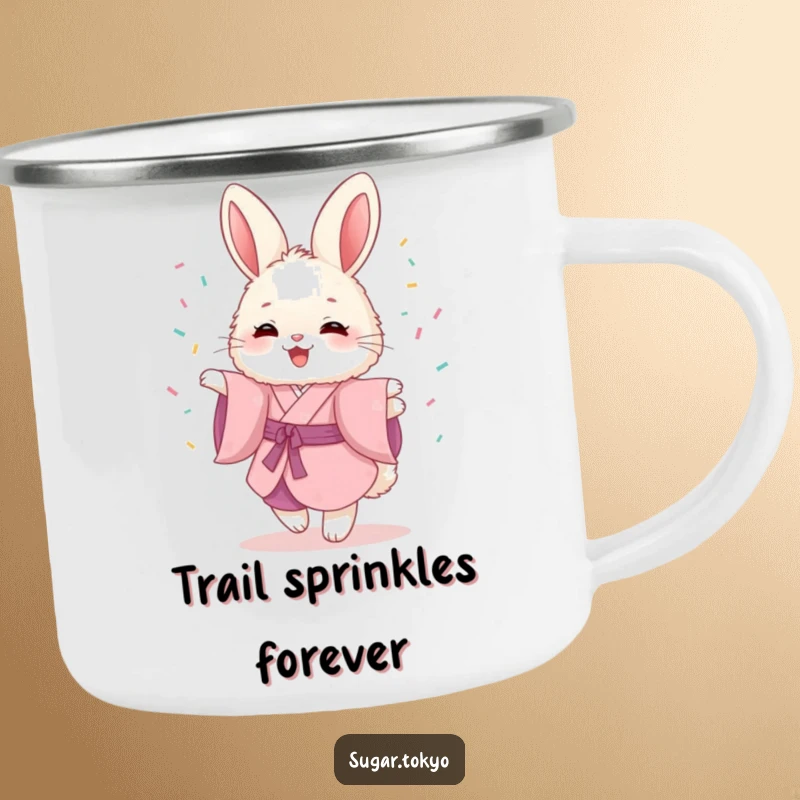 Funny camping mug with a fluffy bunny in a pink kimono, joyfully twirling with sprinkles, ready for your next outing.