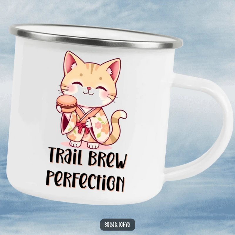 Funny camping mug with a smiling cat in a floral kimono, offering a macaron, ready for your next adventure.