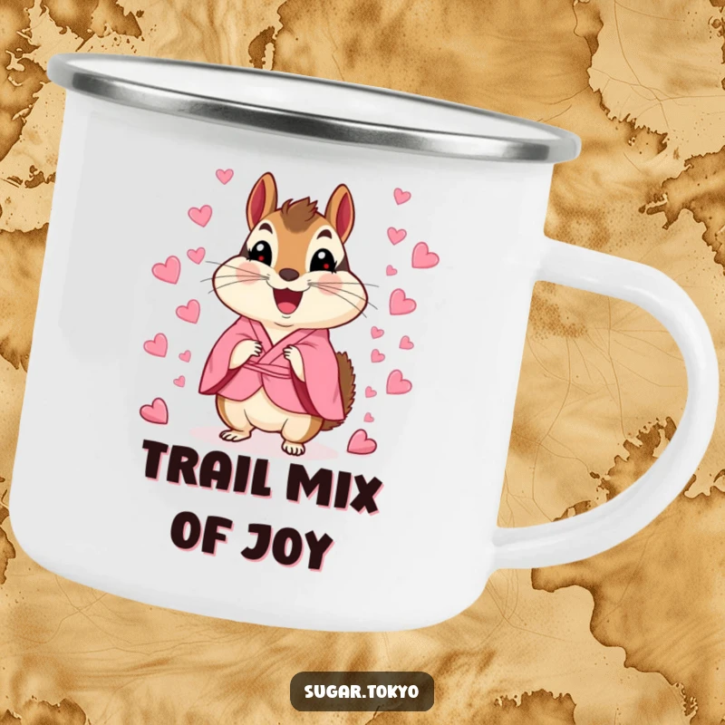 Durable funny chipmunk in a pink kimono scattering heart confetti, ideal for outdoor adventures and warm drinks.