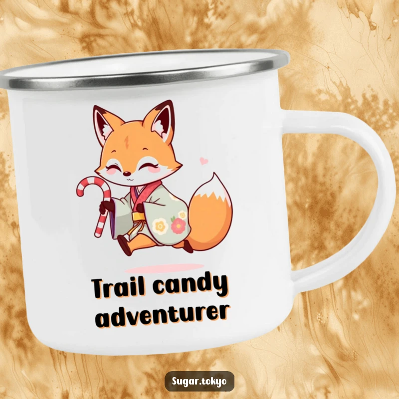 Funny camping mug with a playful fox in a colorful kimono skipping with a candy cane, ideal for outdoor treats and humor.