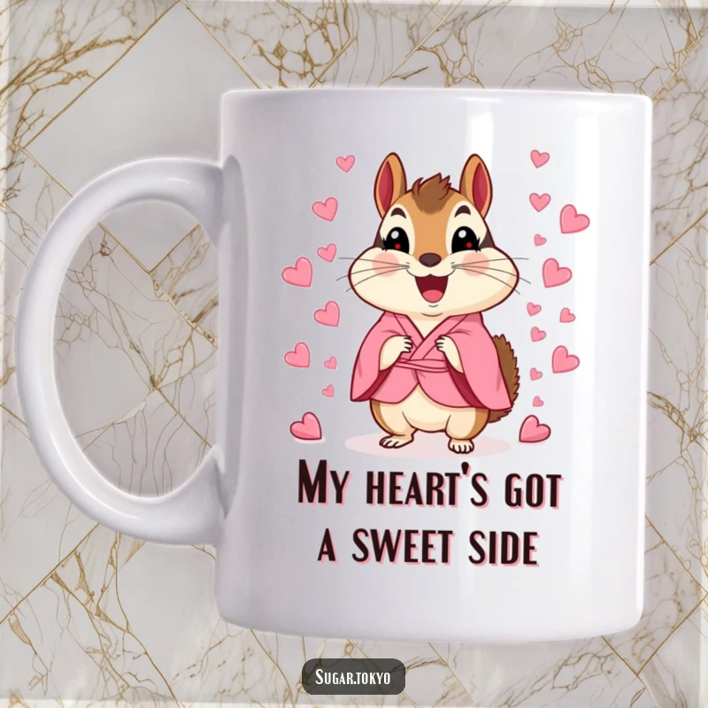 Funny chipmunk in a pink kimono scattering colorful candy heart confetti, celebrating joy on a cute mug.