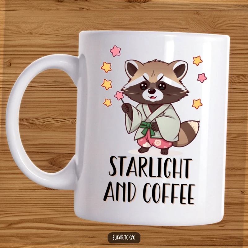 Funny mug of a mischievous raccoon in a cool kimono, skillfully catching falling candy stars, embodying playful greed.