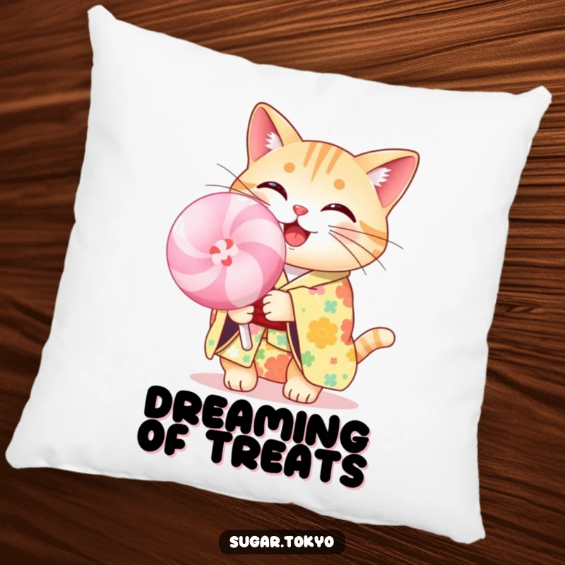 Funny cheerful cat in a floral kimono holding a large pastel lollipop on a plush pillow, adding sweet and funny charm.