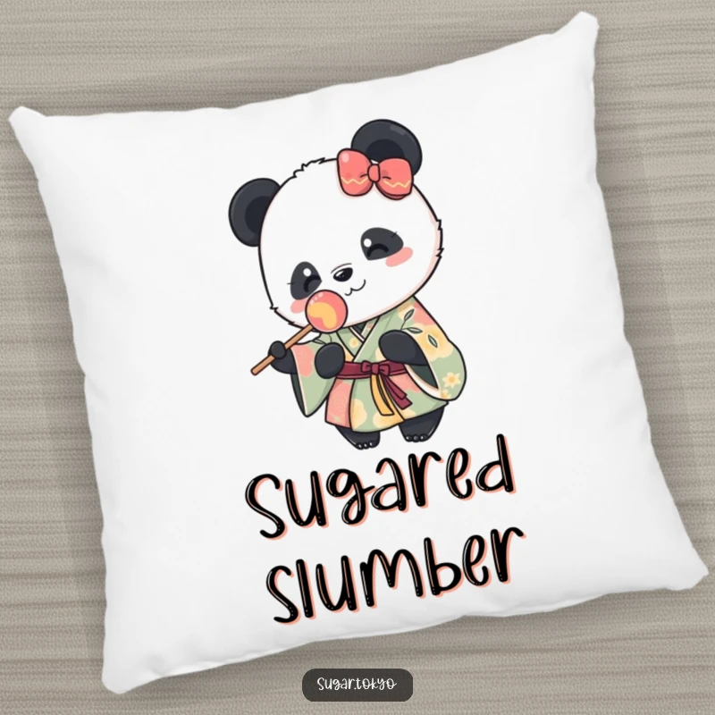 Funny pillow featuring a cute panda in a vibrant kimono happily holding a lollipop, adding soft sweetness and playful humor.