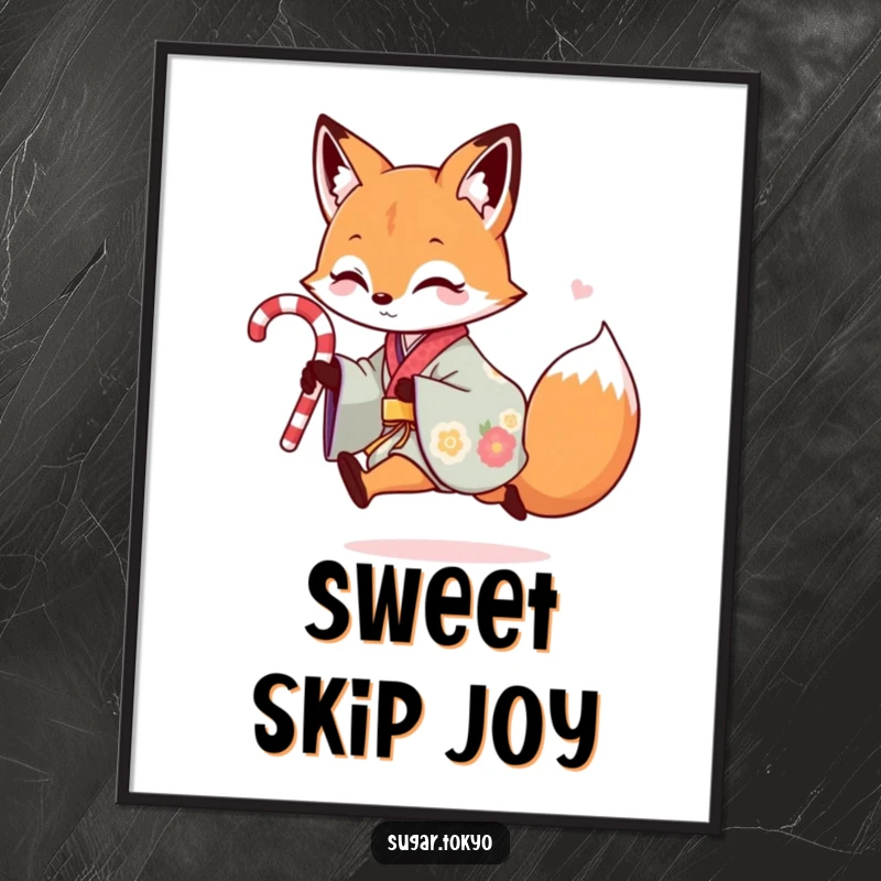 Funny digital art print of a playful fox in a colorful kimono skipping with a candy cane, perfect for whimsical and humorous wall decor.