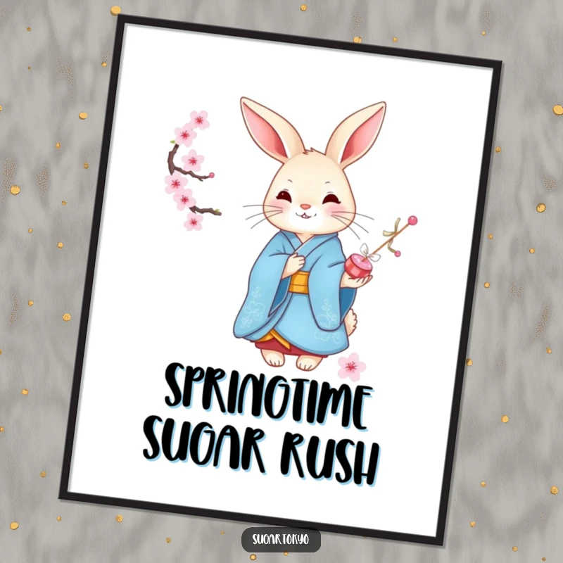 Funny graceful rabbit in a blue kimono offering cherry blossom candies, presented as elegant wall art on a poster, for sophisticated funny decor.
