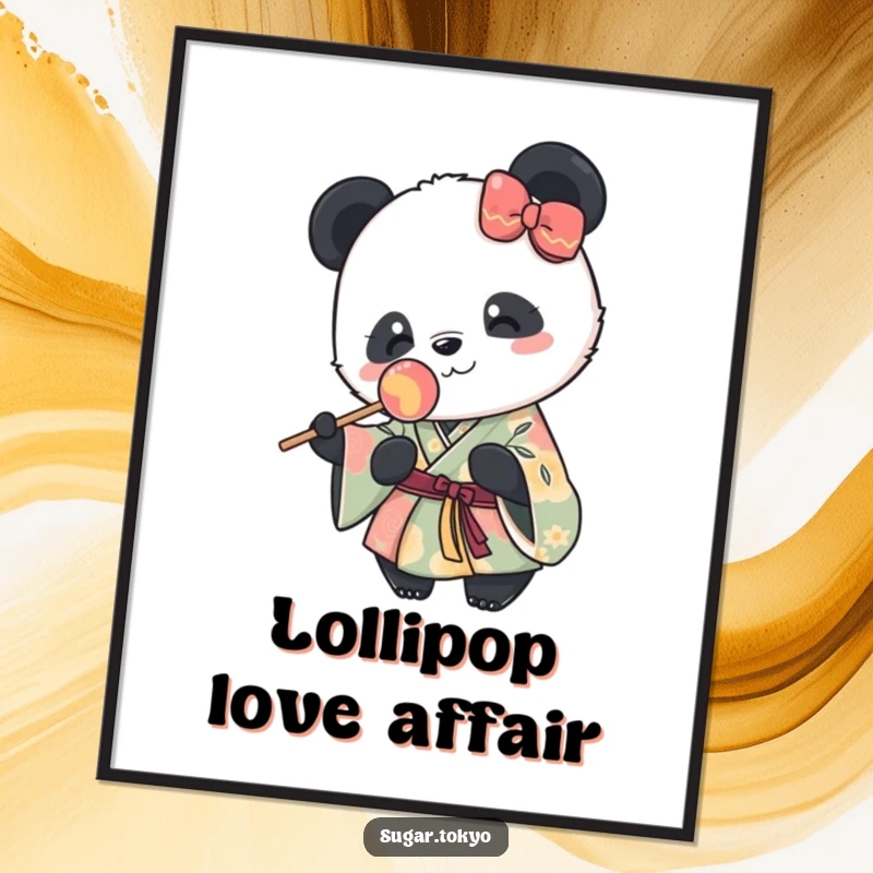 Funny digital art print of a cute panda in a vibrant kimono happily holding a lollipop, perfect for sweet and humorous wall decor.