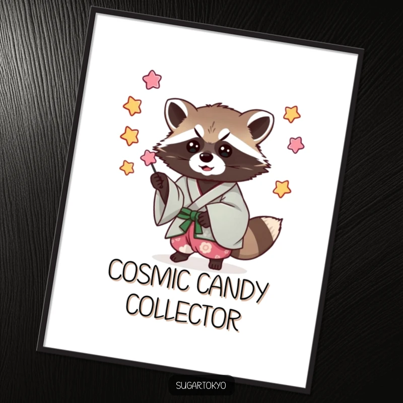 Funny digital art print of a mischievous raccoon in a cool kimono, catching falling candy stars, ready for framing.