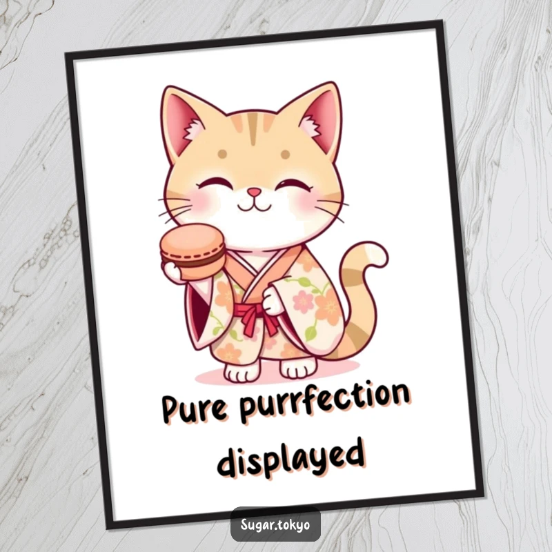 Funny digital art print of a smiling cat in a floral kimono, gracefully offering a macaron, ready to be framed.