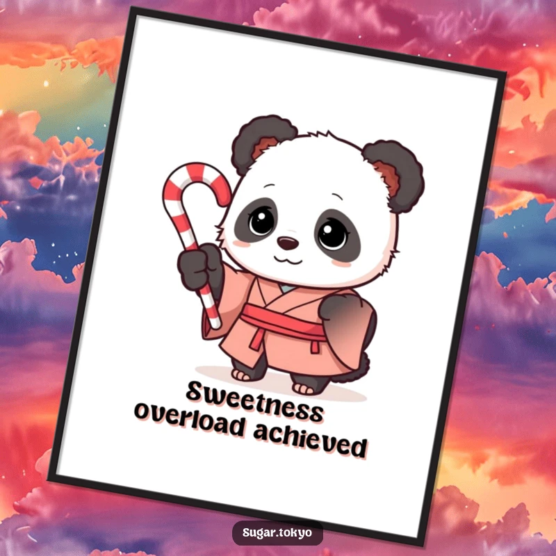 Funny curious panda in a formal silk kimono holding a swirled candy cane, presented as festive wall art on a poster, for charming funny decor.