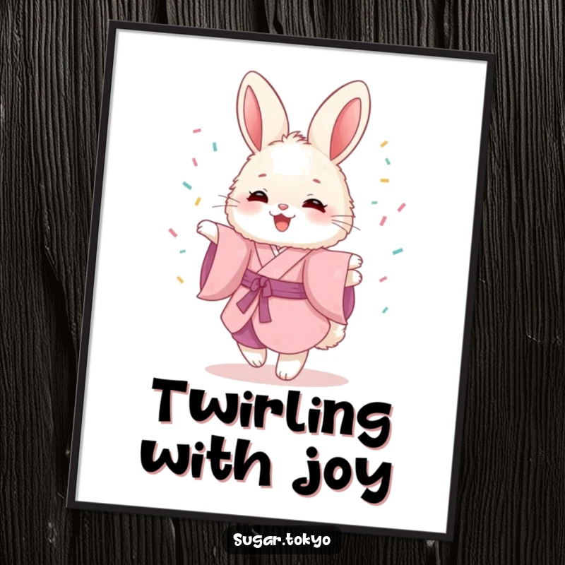 Funny digital art print of a fluffy bunny in a pink kimono, joyfully twirling with sprinkles, ready for framing.