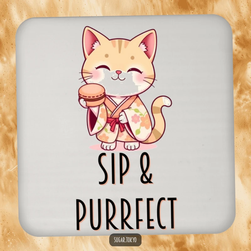 Funny coasters featuring a smiling cat in a floral kimono, offering a macaron, protecting furniture with style.