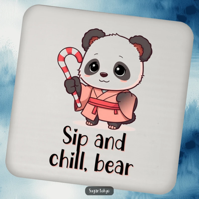 Funny curious panda in a formal silk kimono holding a swirled candy cane on a drink coaster, adding festive and funny flair to surfaces.