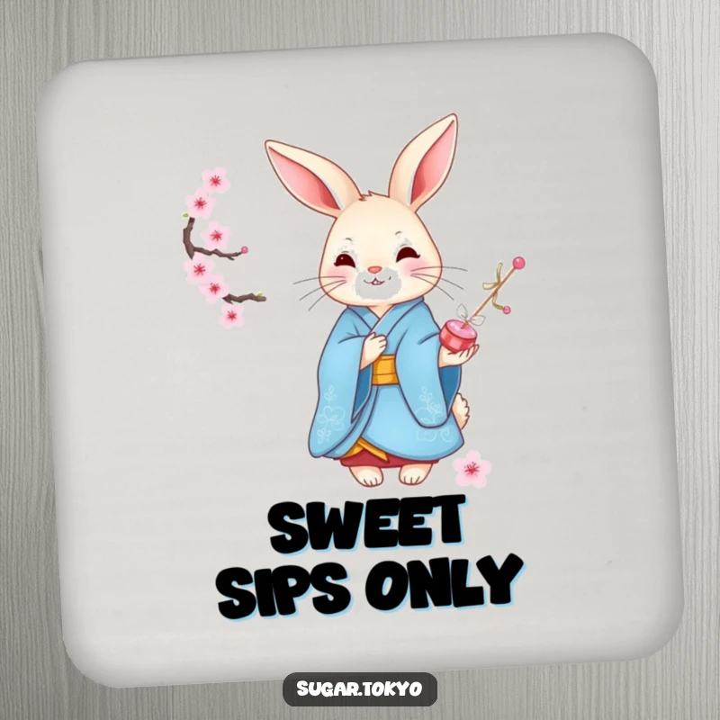 Funny graceful rabbit in a blue kimono offering cherry blossom candies on a drink coaster, adding elegant and funny flair to surfaces.
