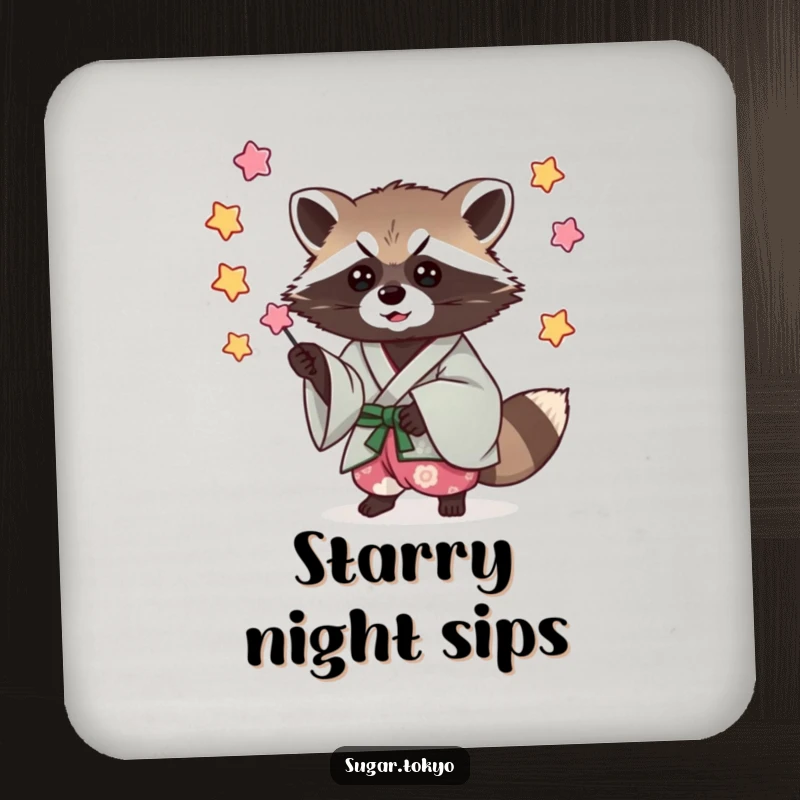 Funny coasters featuring a mischievous raccoon in a cool kimono, catching falling candy stars, protecting furniture with flair.