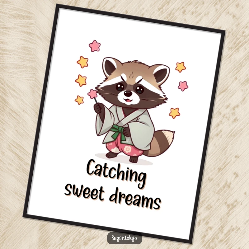 Funny poster of a mischievous raccoon in a cool kimono, skillfully catching falling candy stars, adding edgy art.