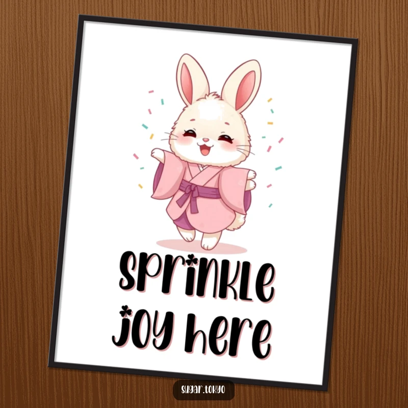 Funny poster of a fluffy bunny in a pink kimono, joyfully twirling amidst a shower of colorful sprinkles.