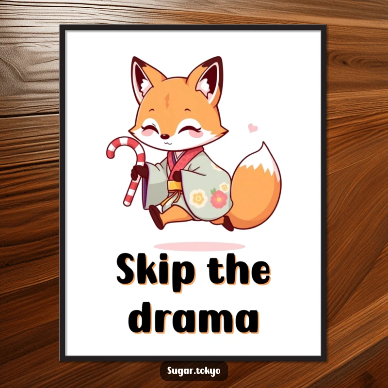 Funny art print of a playful fox in a colorful kimono skipping with a candy cane, adding whimsical humor and sweet charm.