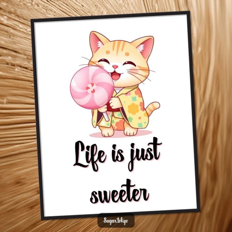 Funny cheerful cat in a floral kimono holding a pastel lollipop, displayed as whimsical wall art on a poster, radiating funny delight.