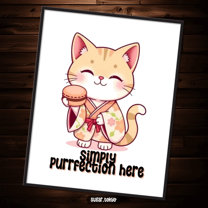 Funny poster of a smiling cat in a floral kimono, gracefully presenting a macaron, adding a touch of whimsical art.