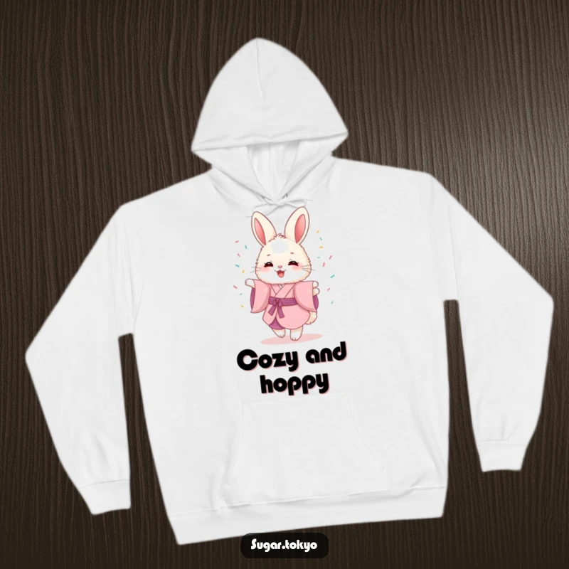 Funny hoodie featuring a fluffy bunny in a pink kimono, joyfully twirling and scattering colorful sprinkles.