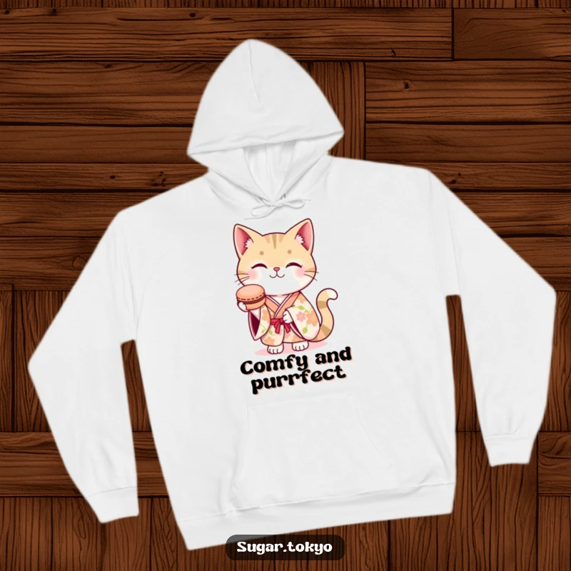 Funny hoodie with a smiling cat in a floral kimono, holding out a macaron, inviting you to share a sweet moment.