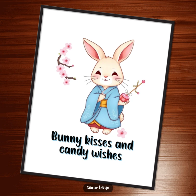 Funny Free Printable Wall Art: Graceful rabbit in an elegant blue kimono, offering delicate cherry blossom candies with a sweet smile.