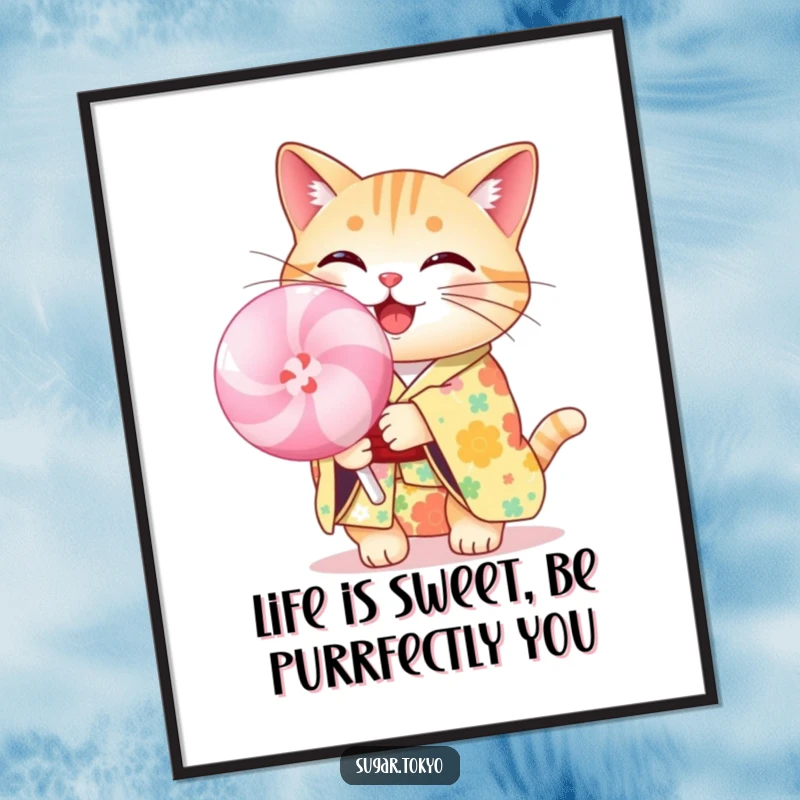 Funny Free Printable Wall Art: Cheerful cat in a floral kimono, holding a large pastel lollipop, radiating sweet happiness.