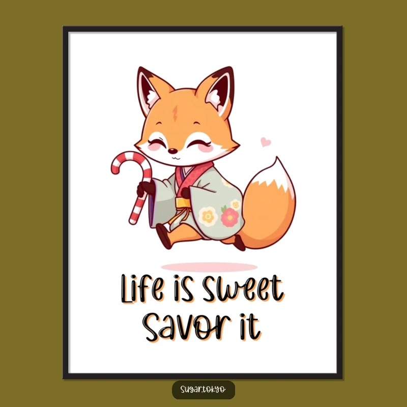 Free Printable Wall Art: Funny Fox in Kimono with Candy Cane Decor
