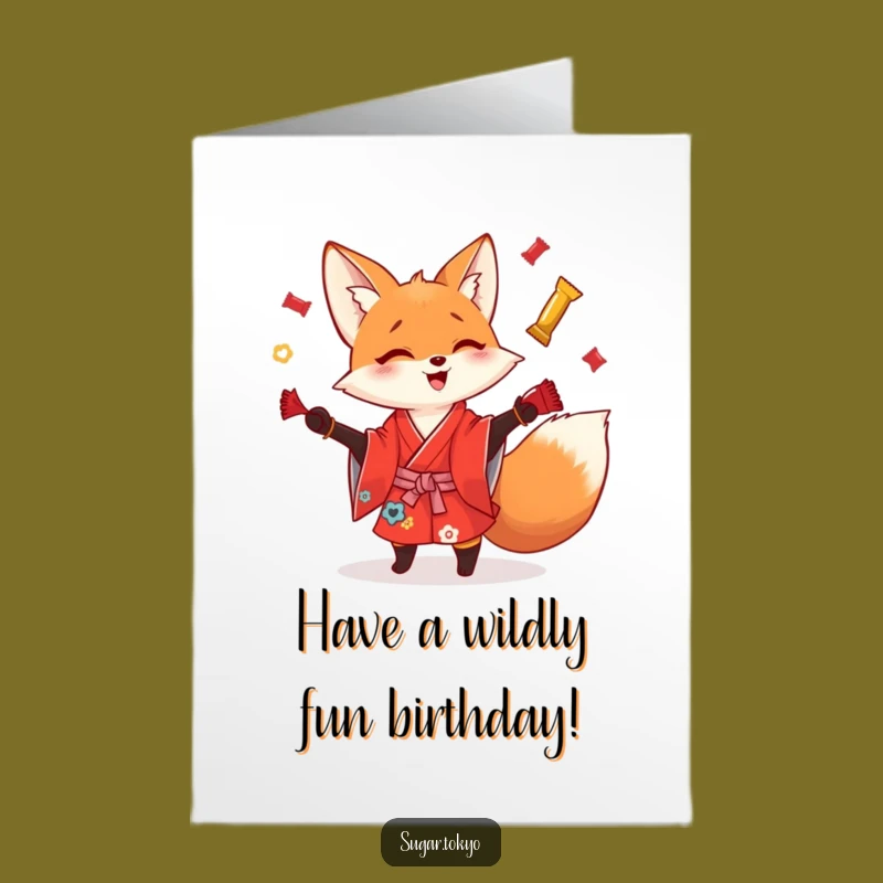 Free Printable Birthday Card Fox: Juggling Wrappers Fun Downloadable