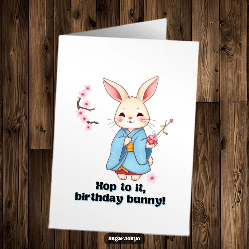 Funny Free Printable Birthday Card: Graceful rabbit in blue kimono offering sweet cherry blossom candies for a happy birthday.