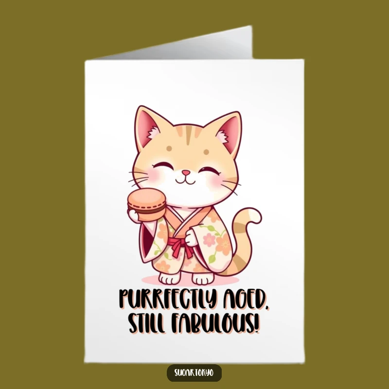 Free Printable Birthday Card: Smiling Cat in Kimono Offering Macaron - Funny Downloadable Gift