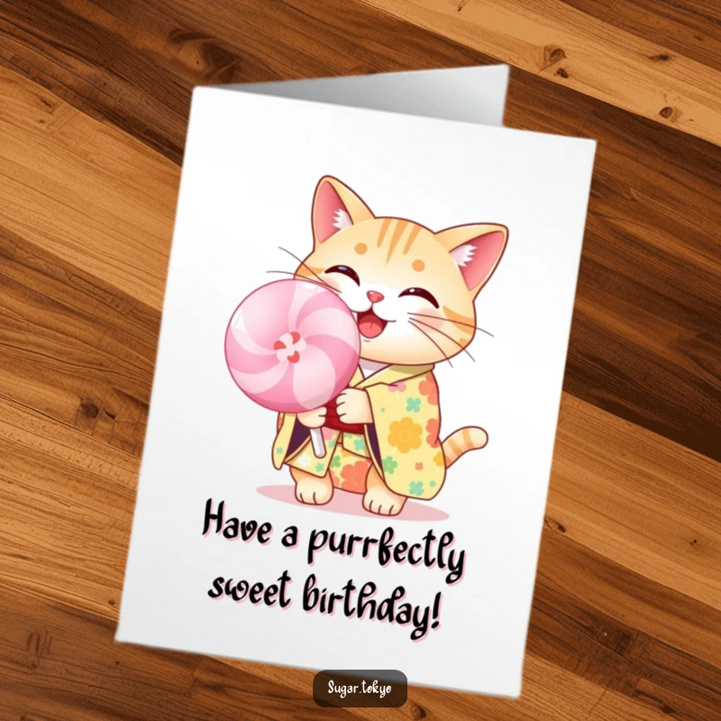 Funny Free Printable Birthday Card: Cheerful cat in floral kimono holding a large pastel lollipop, wishing a happy and sweet birthday.