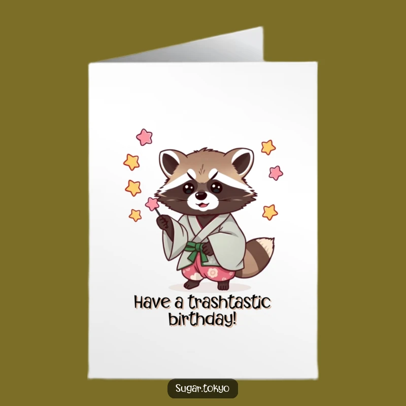 Free Printable Birthday Card: Raccoon Kimono Catching Candy Stars - Funny Downloadable Gift