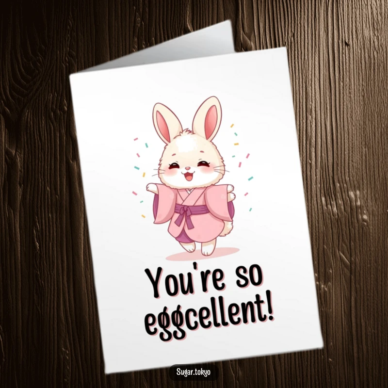 Funny Free Printable Congratulations Card: A fluffy bunny in a pink kimono dances joyfully, showering colourful sprinkles to celebrate.