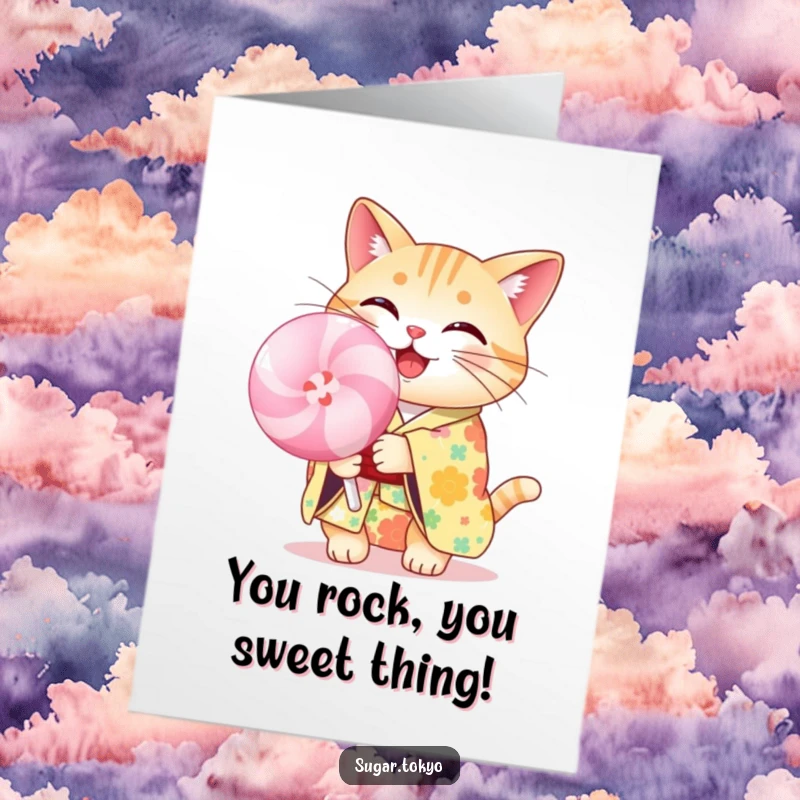 Funny Free Printable Congrats Card: Cheerful cat in a colorful floral kimono holding a large pastel lollipop, celebrating a sweet win.