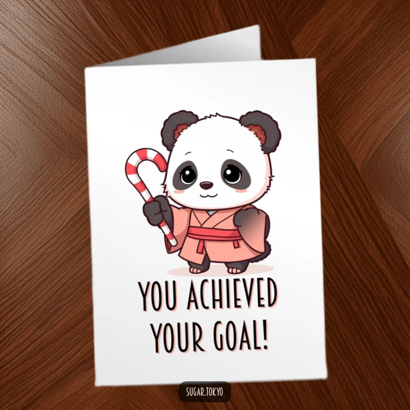 Funny Free Printable Congrats Card: Curious panda in a formal silk kimono holding a swirled candy cane, celebrating your success.