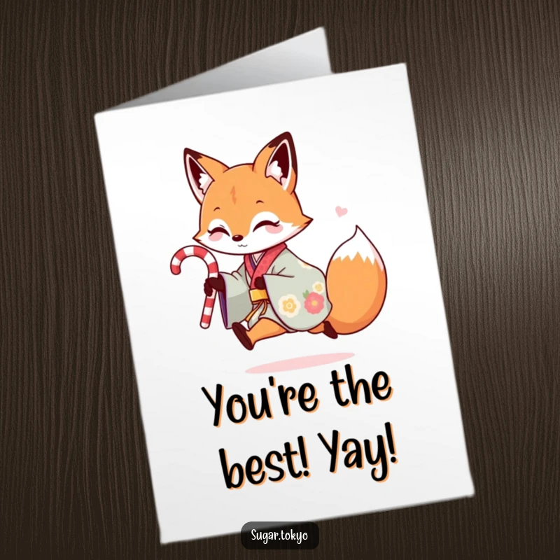 Funny Free Printable Congrats Card: Fox in kimono skipping with candy cane, celebrating success, a humorous downloadable print.