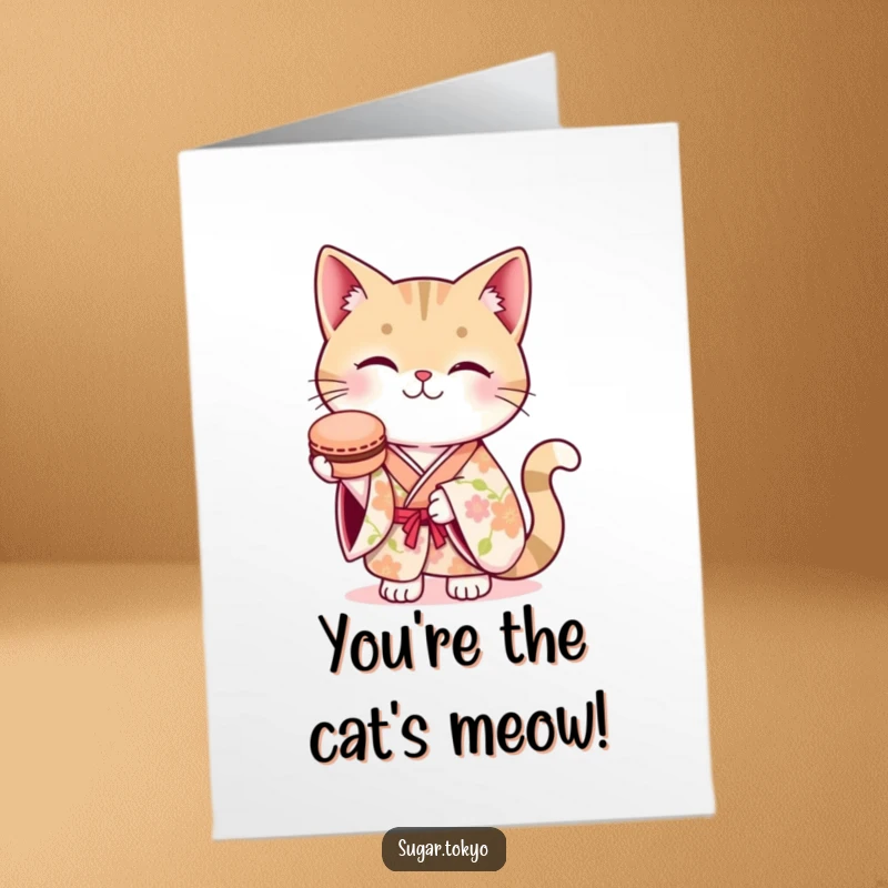 Funny Free Printable Congratulations Card: Smiling cat in a floral kimono presents a delightful macaron, celebrating achievements with sweetness.
