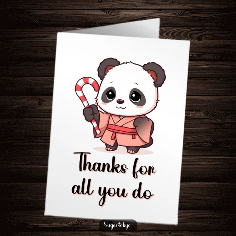 Funny Free Printable Thank You Card: Curious panda in a silk kimono holding a swirled candy cane, offering sweet thanks.