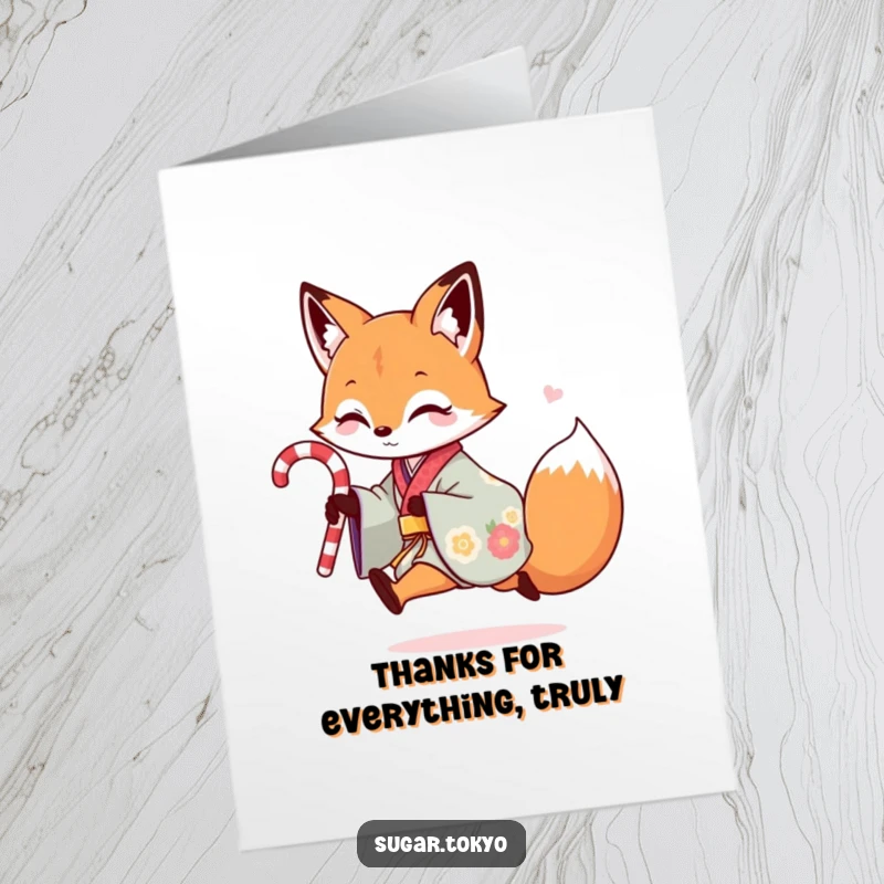 Funny Free Printable Thank You Card: Playful fox in colorful kimono skipping with a candy cane, a humorous thank you.