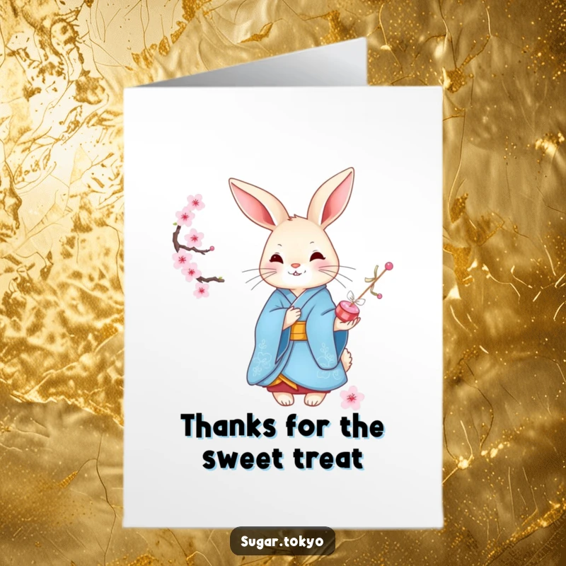 Funny Free Printable Thank You Card: Elegant rabbit in blue kimono offers cherry blossom candies as a sweet thank you.