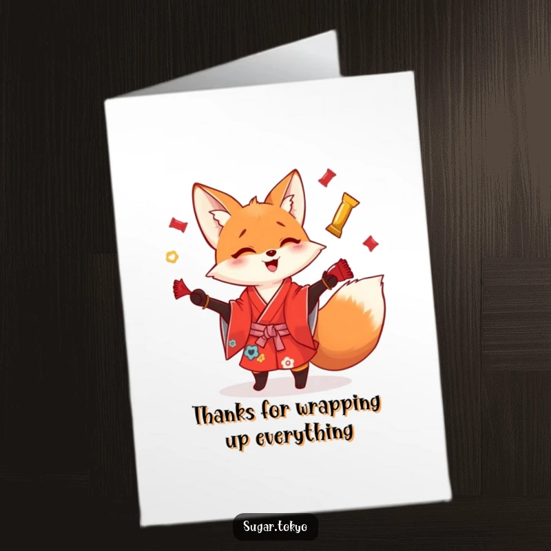 Funny Free Printable Thank You Card: Playful fox in a red kimono juggles shiny candy wrappers, offering a fun thank you.
