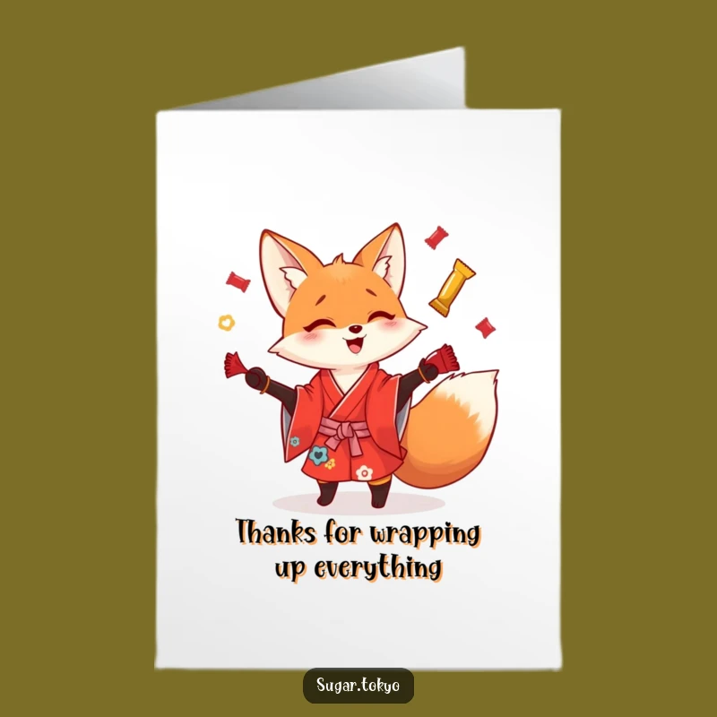 Free Printable Thank You Card Fox: Juggling Wrappers Thanks Downloadable