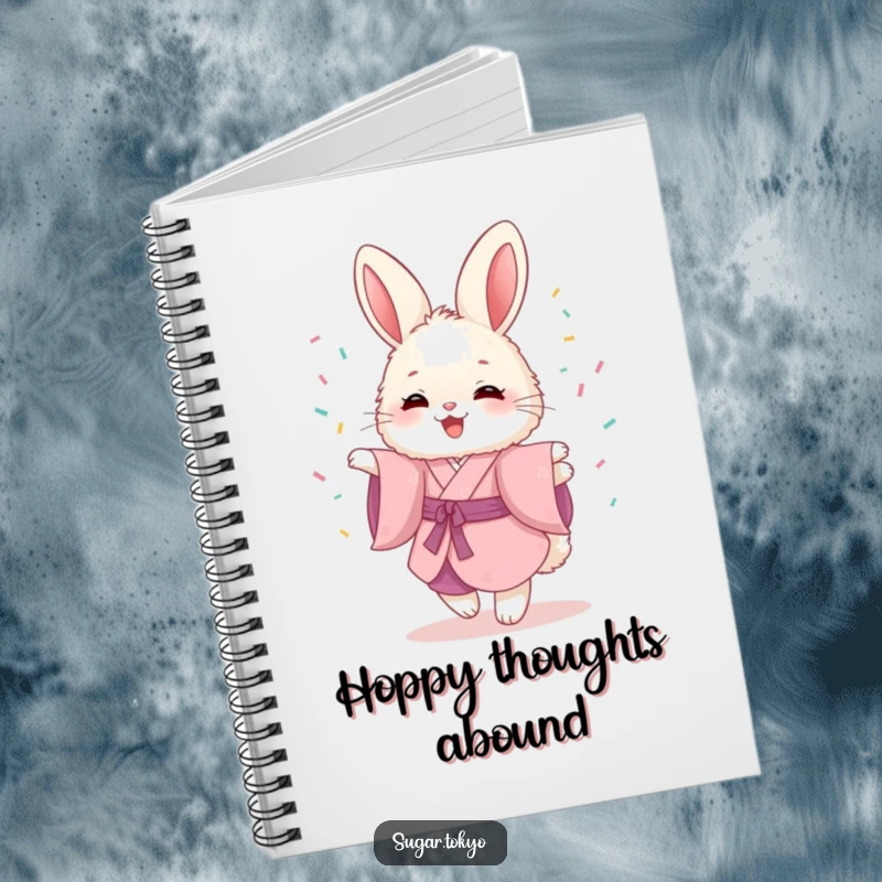 Funny notebook with a fluffy bunny in a pink kimono, joyfully twirling with sprinkles, ideal for creative writing.