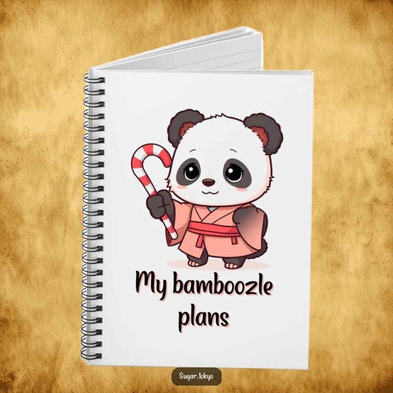 Funny curious panda in a formal silk kimono holding a swirled candy cane on a lined notebook, perfect for whimsical and funny journaling.