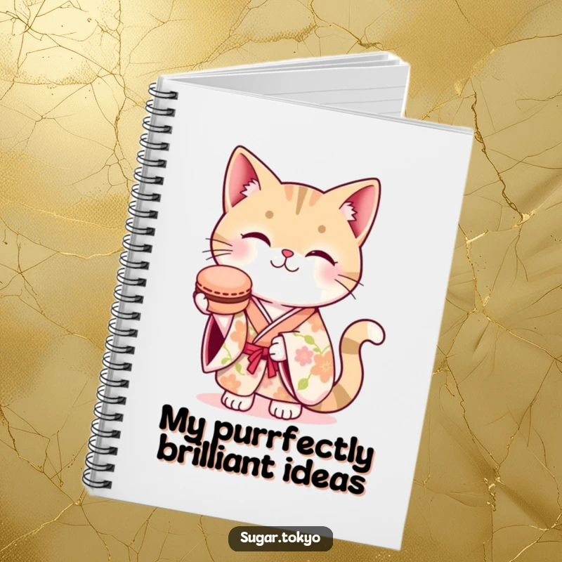 Funny notebook with a smiling cat in a floral kimono, offering a macaron, perfect for journaling and creative writing.